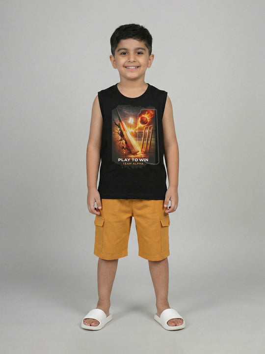 Kiddopanti Boys Cotton Graphic Printed T-Shirt with Solid Cargo Shorts Co-Ord Set
