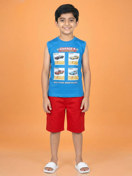 Kiddopanti Boys Cotton Graphic Printed T-Shirt with Solid Cargo Shorts Co-Ord Set