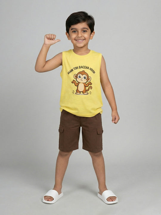 Kiddopanti Boys Cotton Graphic Printed T-Shirt with Solid Cargo Shorts Co-Ord Set