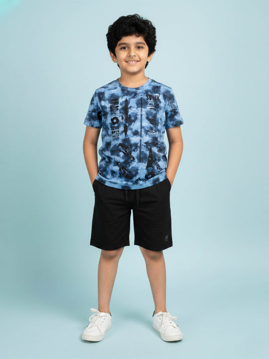 Kiddopanti Boys 100% Cotton Tie and Dye Printed T-Shirt With Chest Print & Knee length Short Set