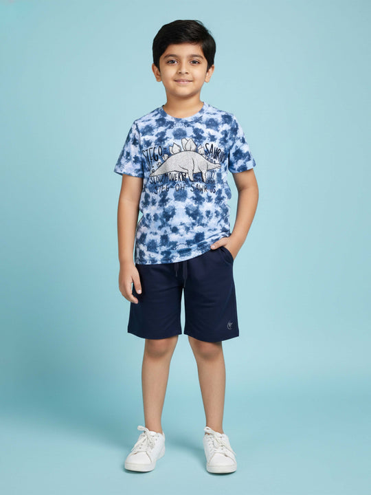 Kiddopanti Boys 100% Cotton Tie and Dye Printed T-Shirt With Chest Print & Knee length Short Set