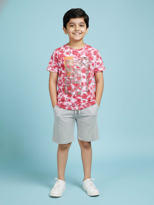 Kiddopanti Boys 100% Cotton Tie and Dye Printed T-Shirt With Chest Print & Knee length Short Set