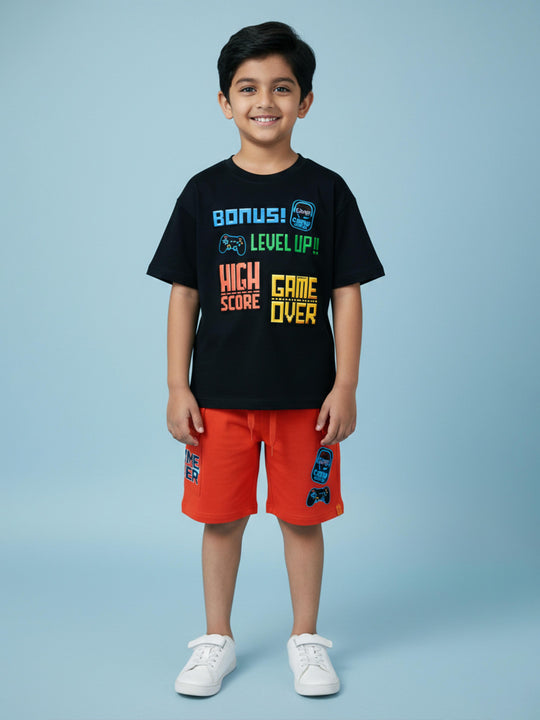 Kiddopanti Boys Cotton Printed Drop Shoulder Round Neck T-Shirt & Cargo Shorts With Badges and Prints Set