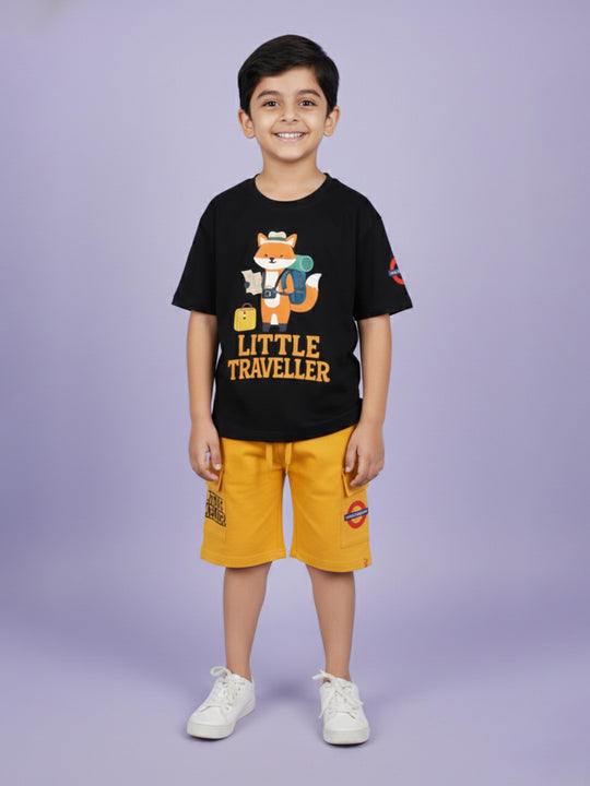 Kiddopanti Boys Cotton Printed Drop Shoulder Round Neck T-Shirt & Cargo Shorts With Badges and Prints Set