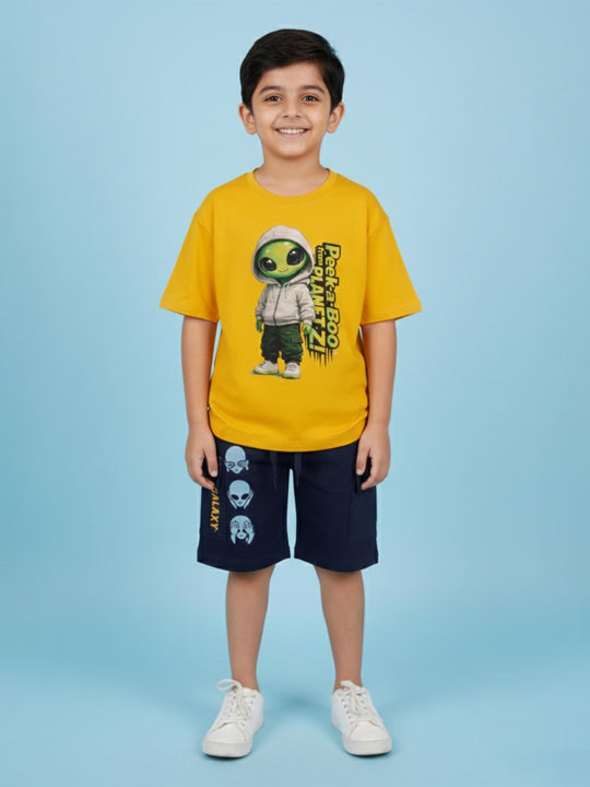 Kiddopanti Boys Cotton Printed Drop Shoulder Round Neck T-Shirt & Cargo Shorts With Badges and Prints Set