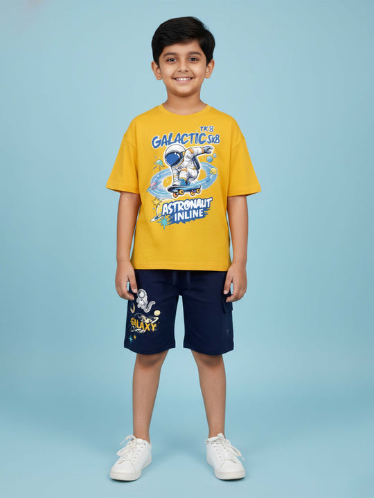 Kiddopanti Boys Cotton Printed Drop Shoulder Round Neck T-Shirt & Knee length Short With Print Set