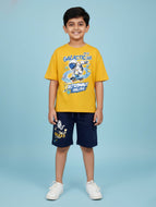 Kiddopanti Boys Cotton Printed Drop Shoulder Round Neck T-Shirt & Knee length Short With Print Set - Blazing Yellow Japan & Grey Melange Tokyo / 2-3Y