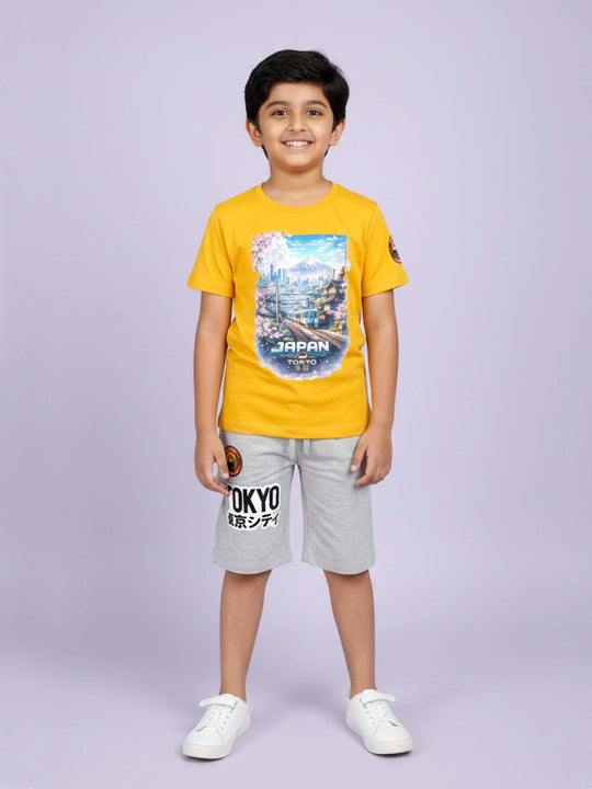 Kiddopanti Boys Cotton Printed Drop Shoulder Round Neck T-Shirt & Knee length Short With Print Set