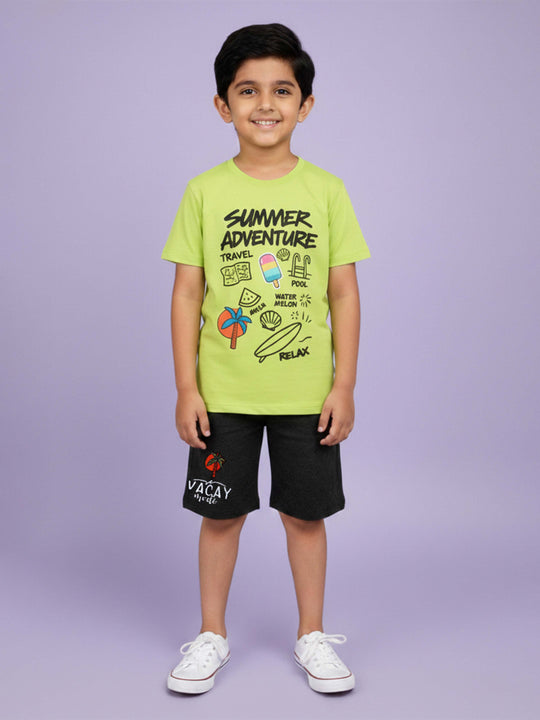 Kiddopanti Boys Cotton Printed Drop Shoulder Round Neck T-Shirt & Knee length Short With Print Set