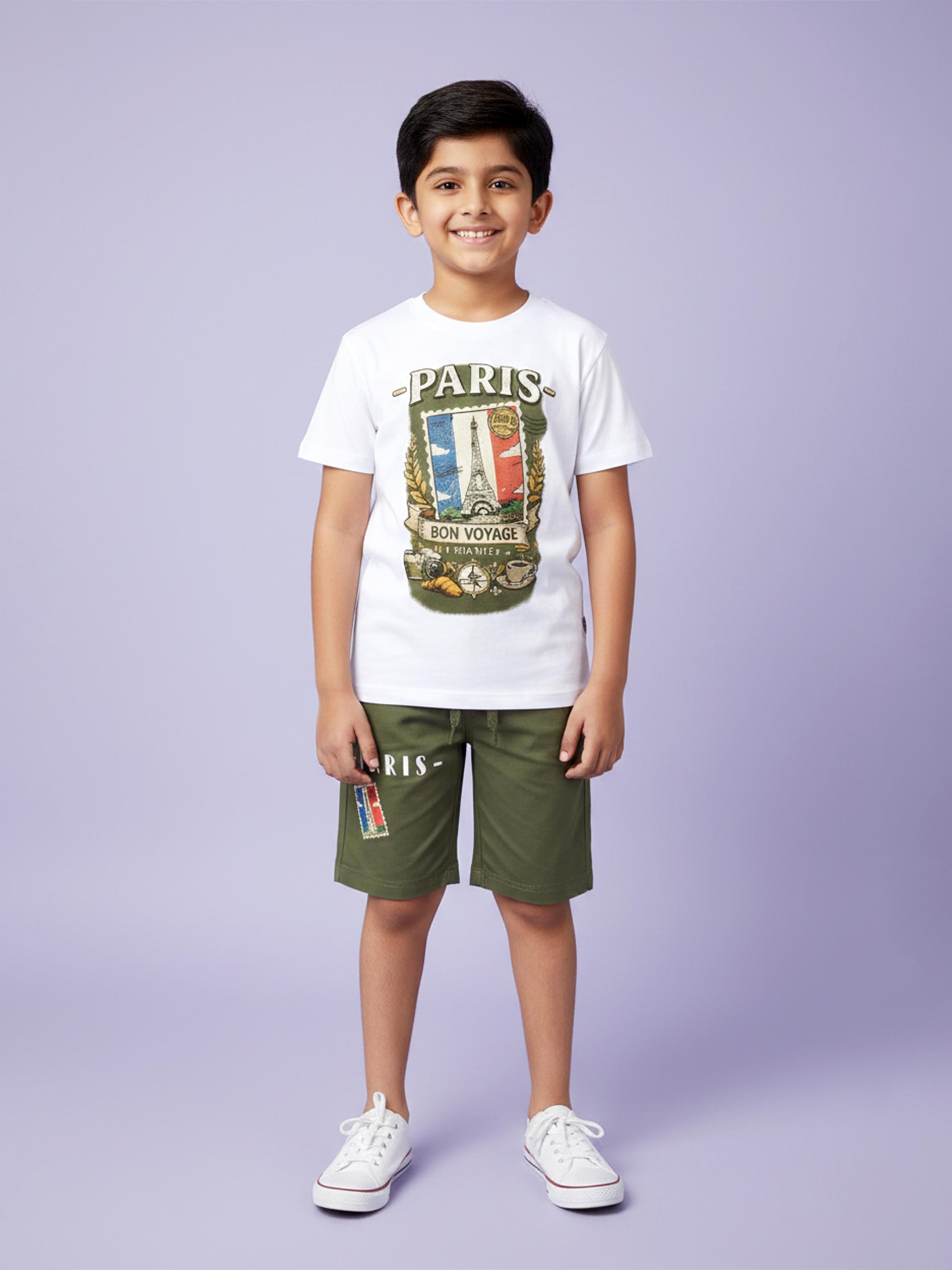 Kiddopanti Boys Cotton Printed Drop Shoulder Round Neck T-Shirt & Knee length Short With Print Set