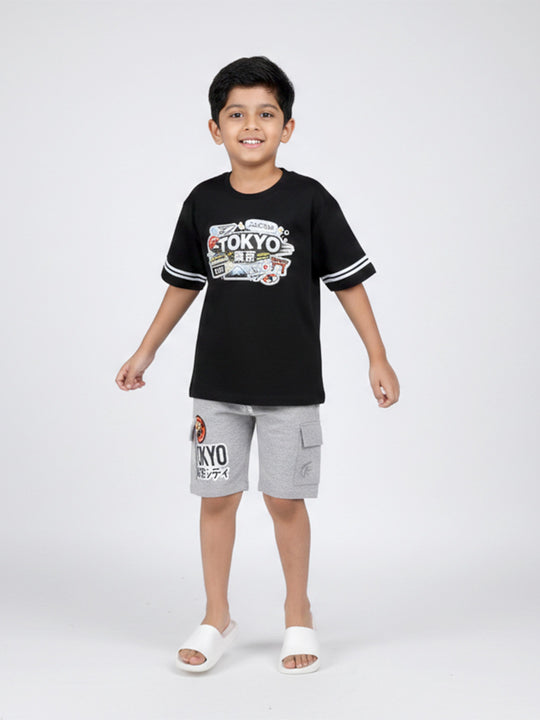 Kiddopanti Boys Cotton Printed Drop Shoulder Round Neck T-Shirt With Knee Length Printed Cargo Shorts Set