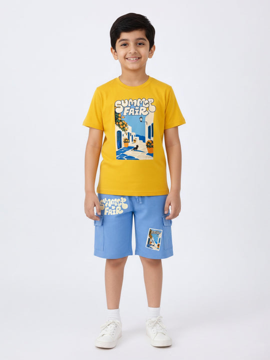 Kiddopanti Boys Cotton Printed Drop Shoulder Round Neck T-Shirt With Knee Length Printed Cargo Shorts Set