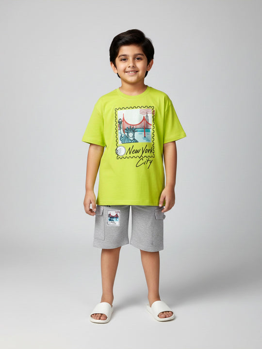 Kiddopanti Boys Cotton Printed Drop Shoulder Round Neck T-Shirt With Knee Length Printed Cargo Shorts Set