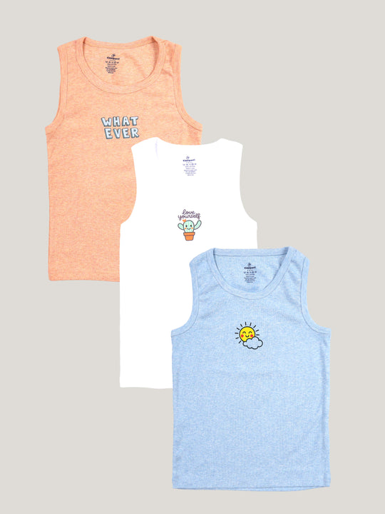 Kiddopanti Boys 100% Cotton Rib Printed Vests Pack Of 3