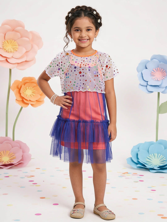 Kiddopanti Girls Printed Mesh Overlay Tulle Party Dress Set with Bodycon Inner