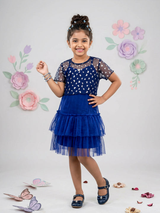 Kiddopanti Girls Printed Mesh Overlay Tulle Party Dress Set with Bodycon Inner
