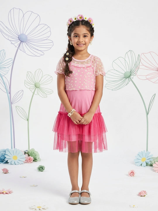 Kiddopanti Girls Printed Mesh Overlay Tulle Party Dress Set with Bodycon Inner