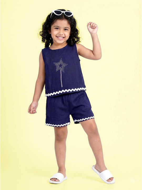 Kiddopanti Girls Rayon Sleeveless Top and Bottom Co Ord Set With RicRac Lace Prints