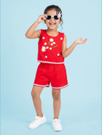 Kiddopanti Girls Rayon Sleeveless Top and Bottom Co Ord Set With RicRac Lace Prints - Red / 3-4Y