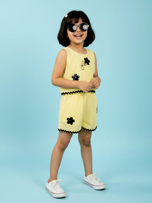 Kiddopanti Girls Rayon Sleeveless Top and Bottom Clothing Set With RicRac Lace & Sequence Flower Applique