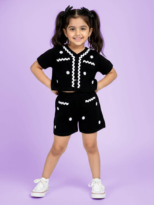 Kiddopanti Girls Rayon Short Sleeve Collared Top and Bottom Co Ord Set With Lace and Bow