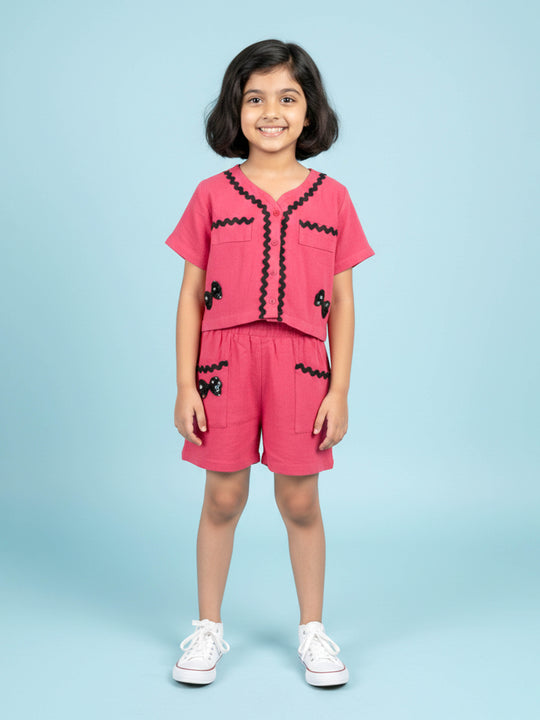 Kiddopanti Girls Rayon Short Sleeve Collared Top and Bottom Co Ord Set With Lace and Bow
