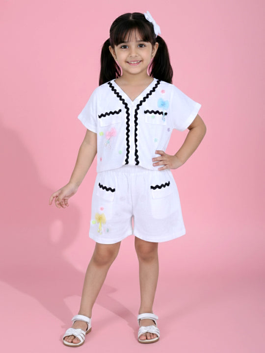 Kiddopanti Girls Rayon Short Sleeve Collared Top and Bottom Co Ord Set With Lace and Bow