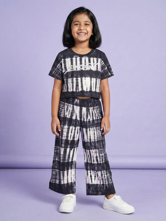 Kiddopanti Girls Cotton Knit Half Sleeves All Over Tie & Dye Crop Top With Slit Open Pant Co Ord set