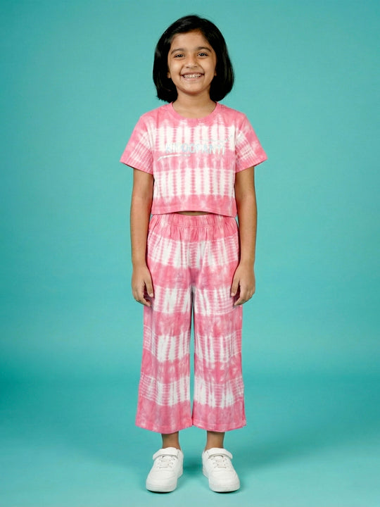 Kiddopanti Girls Cotton Knit Half Sleeves All Over Tie & Dye Crop Top With Slit Open Pant Co Ord set