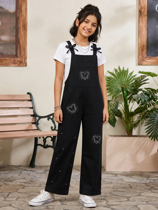 Kiddopanti Girls Denim Woven Appliques With Printed Bow Strap Dungaree