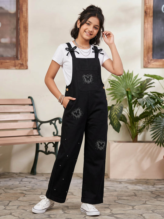 Kiddopanti Girls Denim Woven Appliques With Printed Bow Strap Dungaree