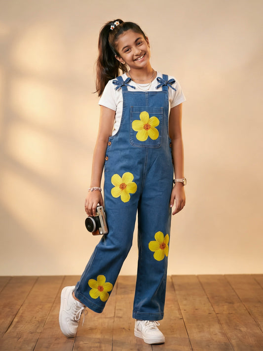 Kiddopanti Girls Denim Woven Appliques With Printed Bow Strap Dungaree