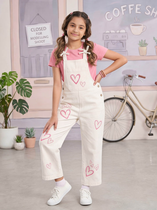 Kiddopanti Girls Denim Woven Appliques With Printed Bow Strap Dungaree