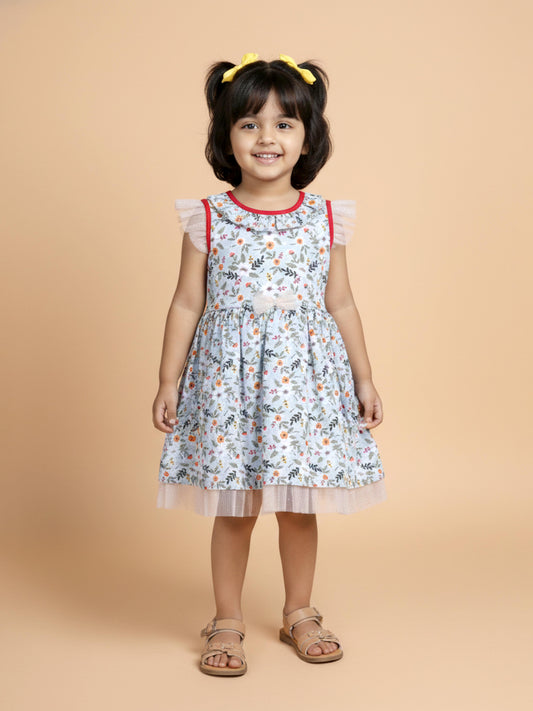 Kiddopanti Girls All Over Printed Sleeveless Dress With Neck frill & Net Frills