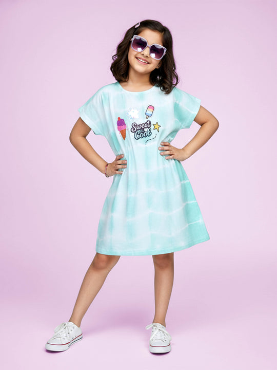 Kiddopanti Girls 100% Rayon Drop Shoulder A-line Dress With Prints and Badges