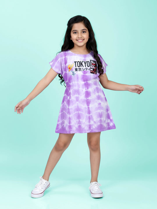 Kiddopanti Girls 100% Rayon Drop Shoulder A-line Dress With Prints and Badges