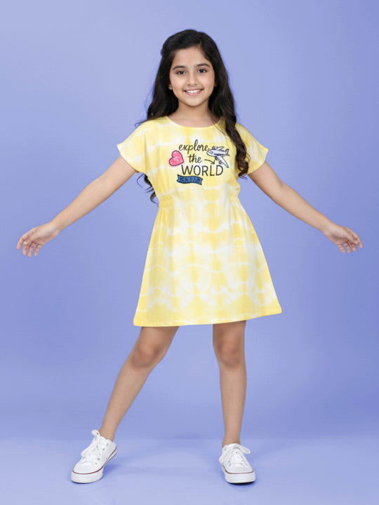 Kiddopanti Girls 100% Rayon Drop Shoulder A-line Dress With Prints and Badges