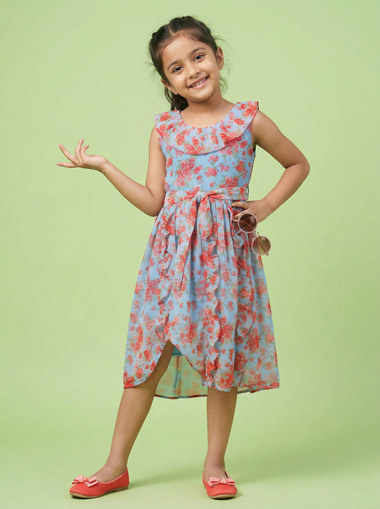 Kiddopanti Girls Polyester Woven Sleeveless Flower Printed Dress With Frilled Neck Line