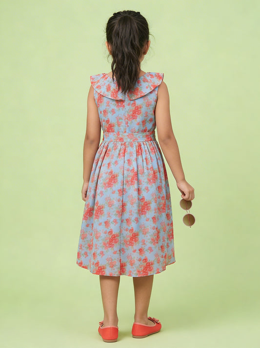 Kiddopanti Girls Polyester Woven Sleeveless Flower Printed Dress With Frilled Neck Line