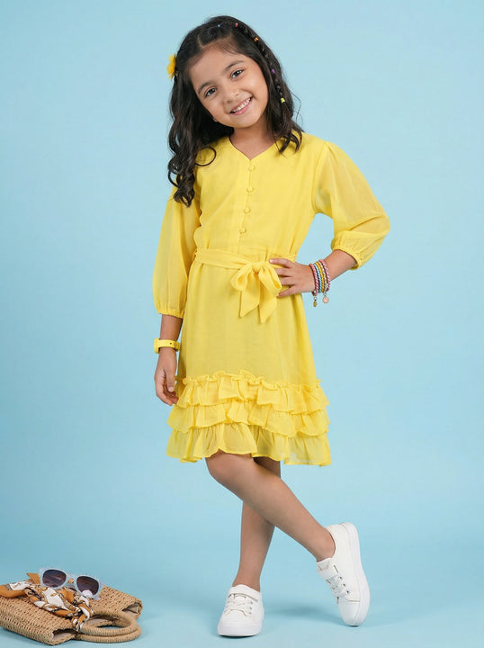 Kiddopanti Girls Polyester Woven Three Fourth Sleeves Solid Ruffle Dress