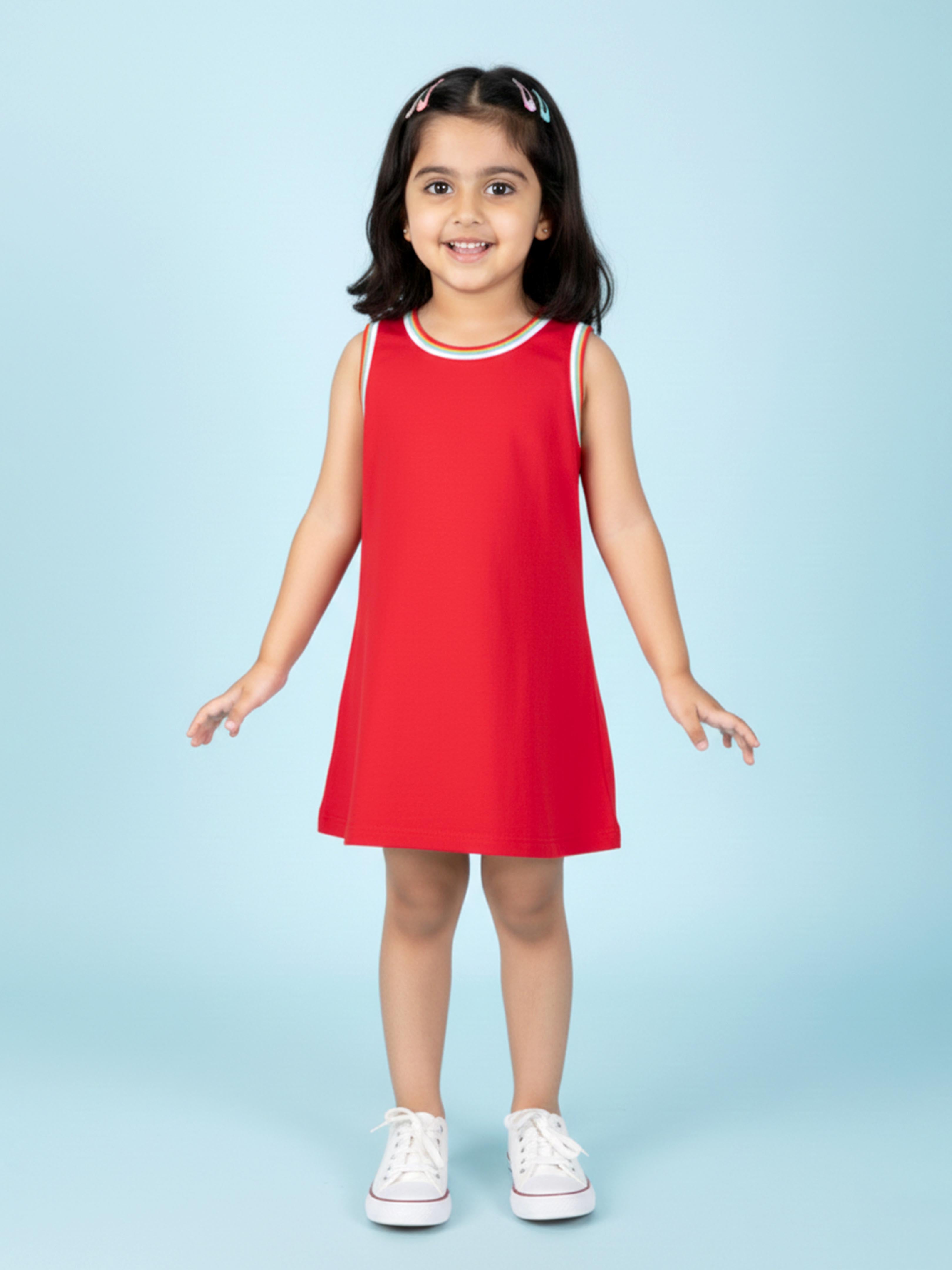 Kiddopanti Girls 100% Cotton Solid Sleeveless Round Neck A-Line Dress