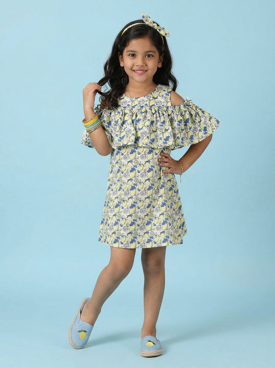 Kiddopanti Girls Cotton Woven Sleeveless Floral Printed Could Shoulder Dress