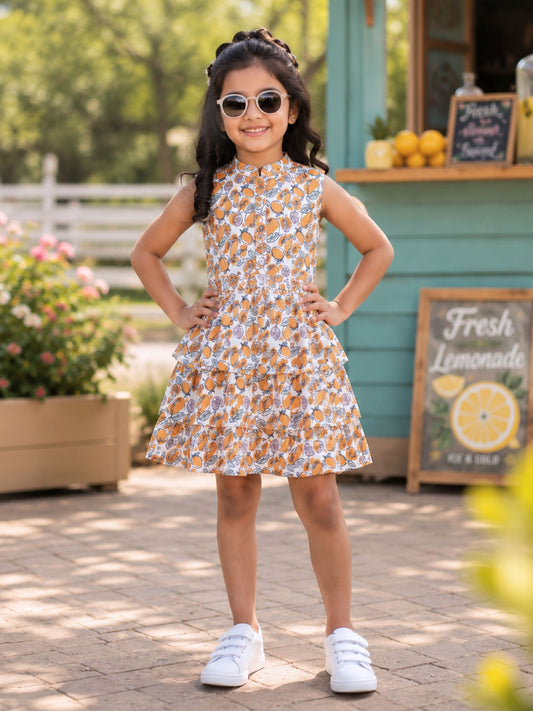 Kiddopanti Girls Cotton Woven Sleeveless Floral Printed Layered Dress