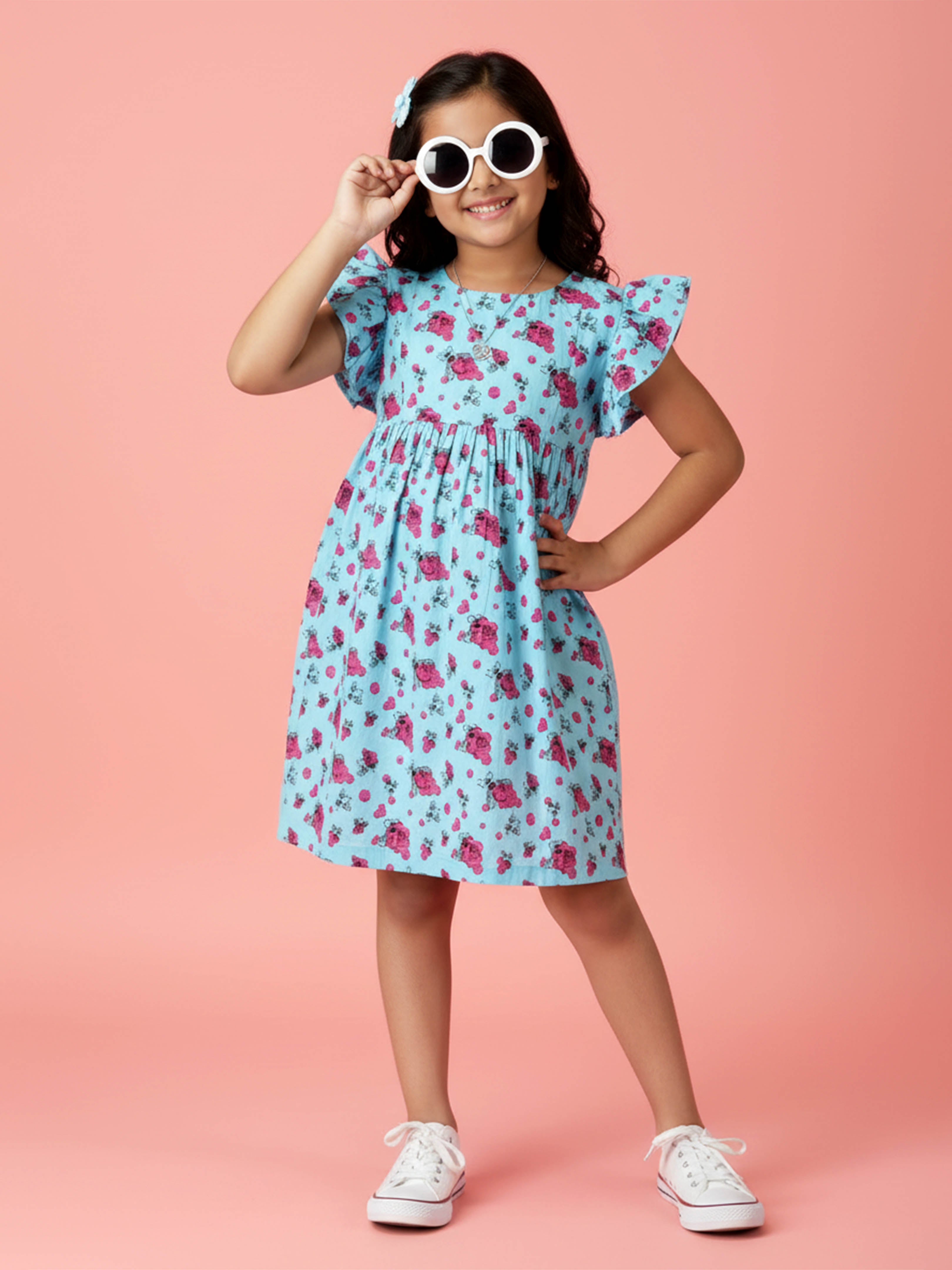 Kiddopanti Girls Cotton Woven Frill Sleeves Printed Yoke Dress