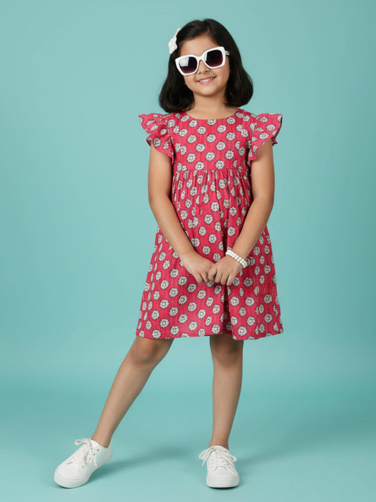 Kiddopanti Girls Cotton Woven Frill Sleeves Printed Yoke Dress