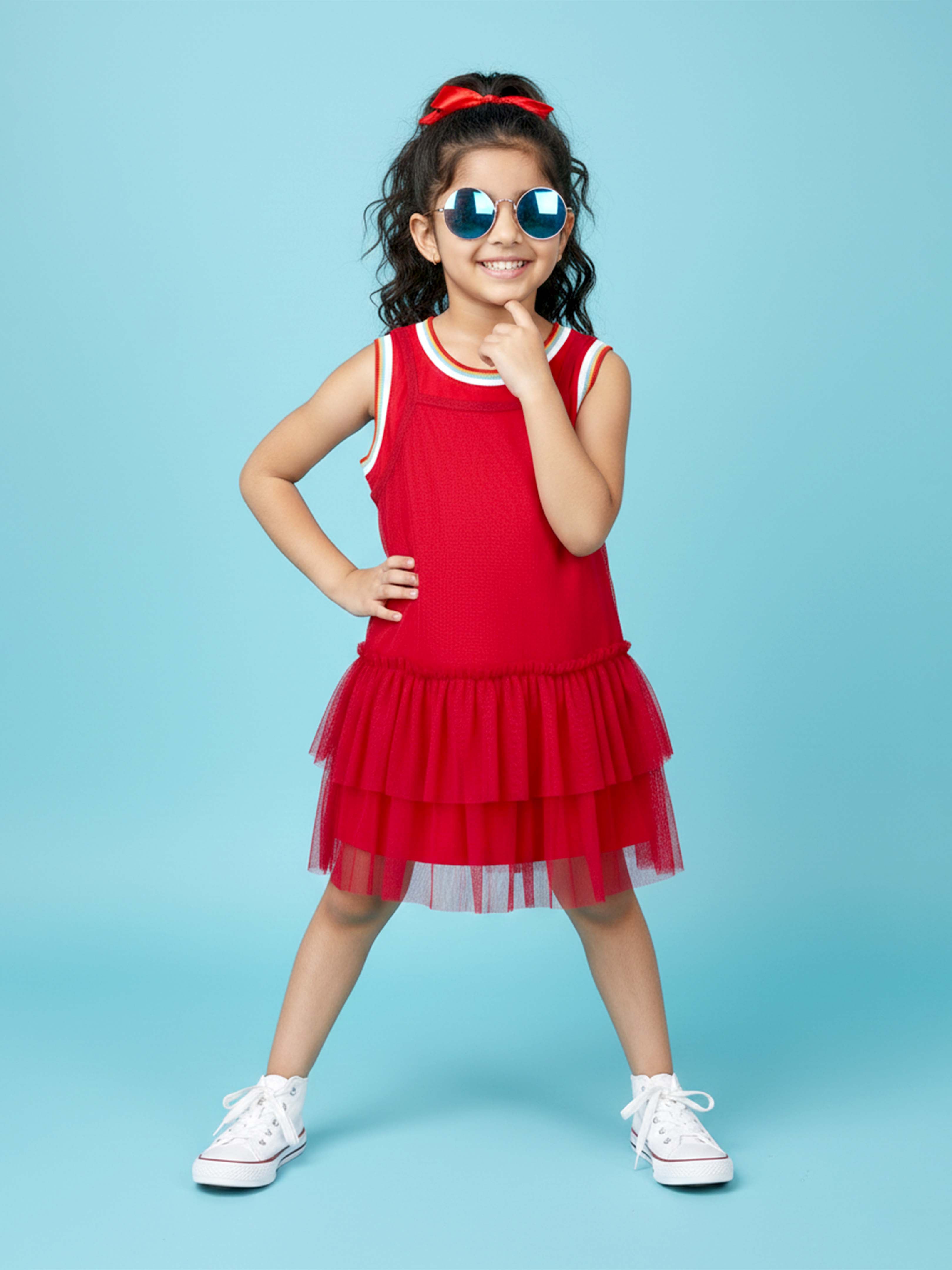 Kiddopanti Sleeveless Cotton Knit Dress with Detachable Polyester Ruffel Net Overlay