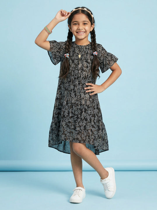 Kiddopanti Girls Polyester Half Sleeves Petal Printed Bottom layer Frill Dress