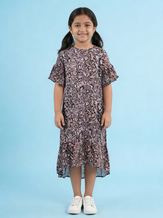 Kiddopanti Girls Polyester Half Sleeves Petal Printed Bottom layer Frill Dress