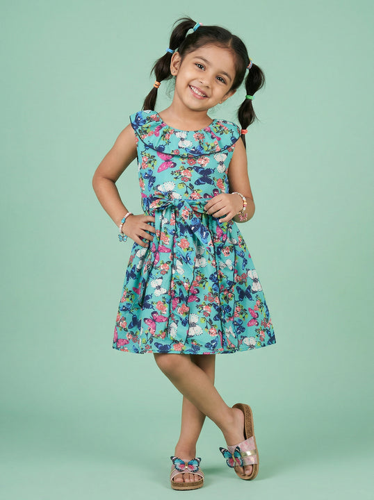 Kiddopanti Girls Polyester Woven Sleeveless Flower Printed Dress With Frilled Neck Line