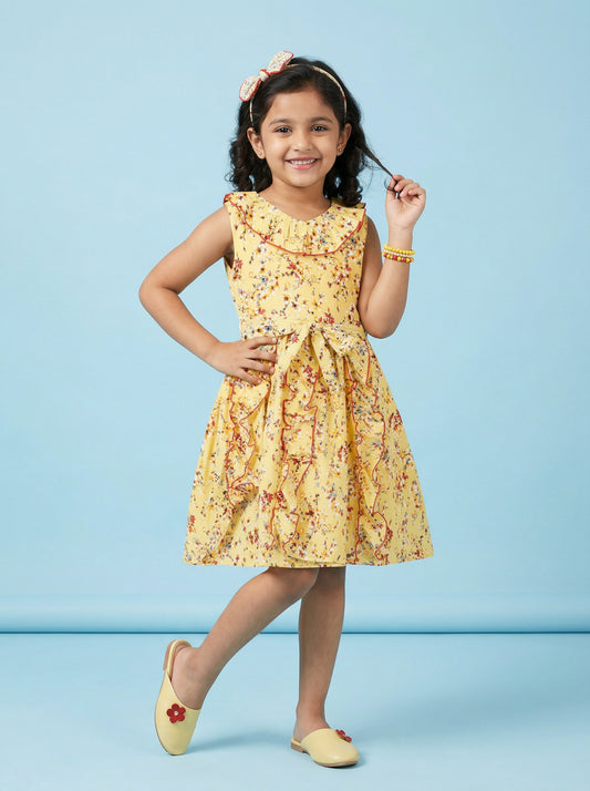 Kiddopanti Girls Polyester Woven Sleeveless Flower Printed Dress With Frilled Neck Line